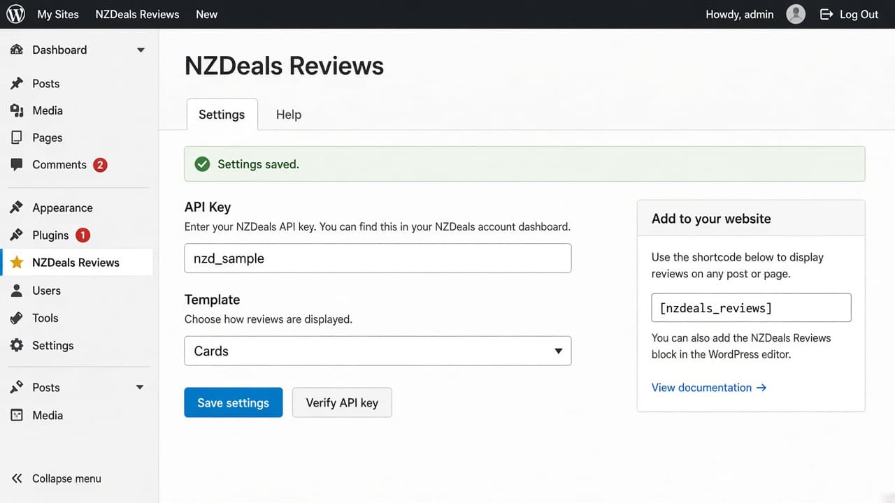 WordPress NZDeals Reviews settings with API key field