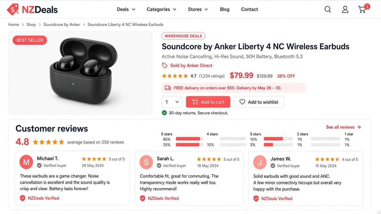 Storefront showing NZDeals review cards after adding the shortcode
