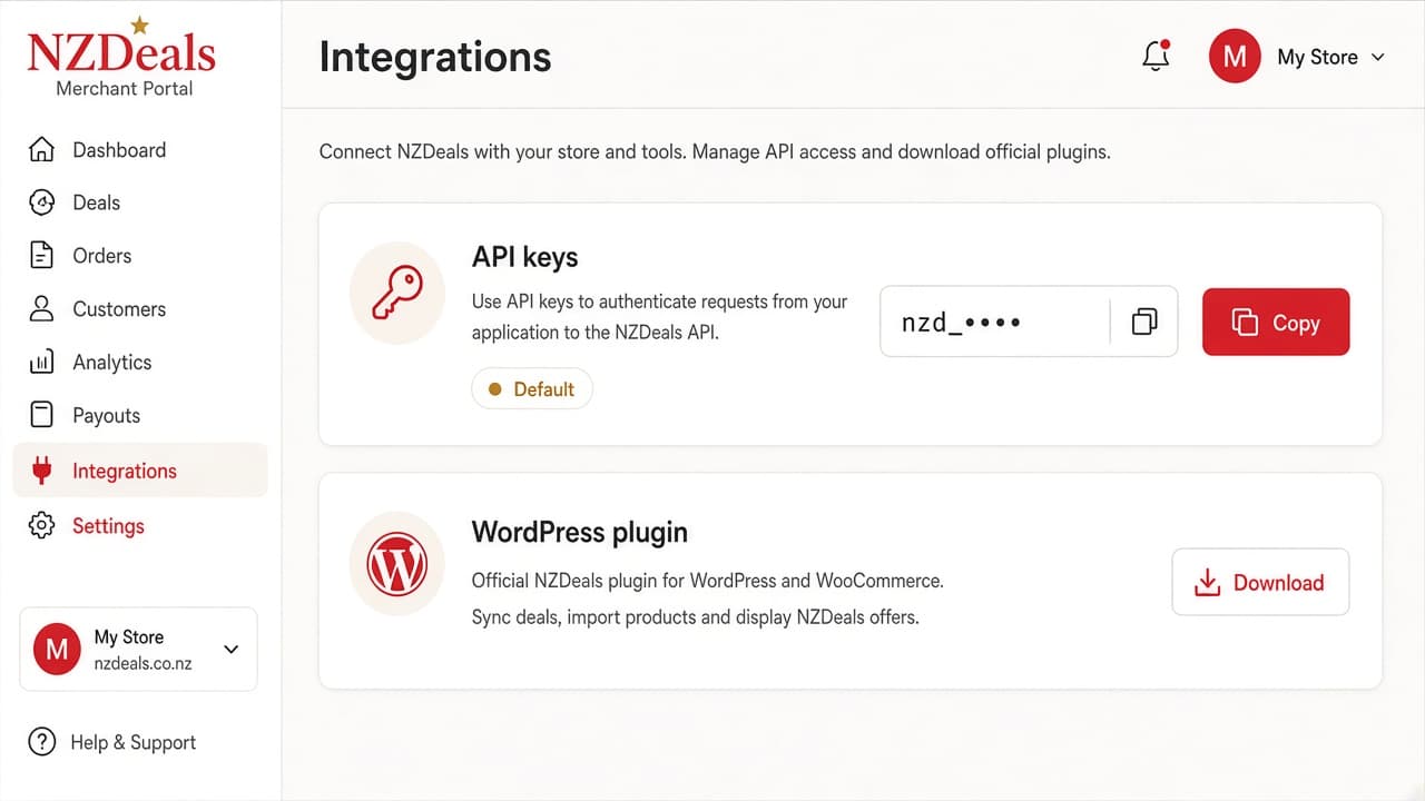 NZDeals portal API key ready to copy