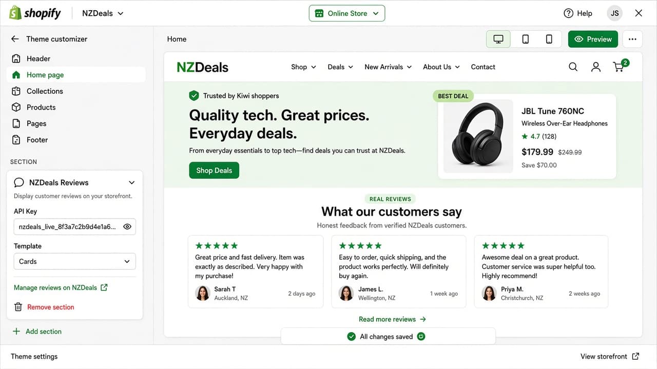 Shopify theme editor with NZDeals Reviews section settings